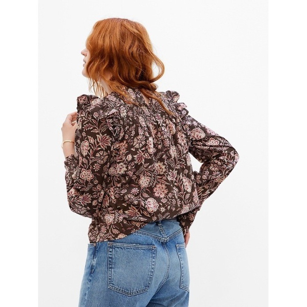 GAP Brown Floral Smocked Ruffle Yoke Blouse‎ Long Sleeve XS Brown Floral Boho